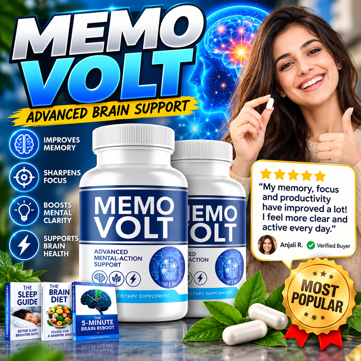 MemoVolt bottles with brain-support visual and bonus eBooks